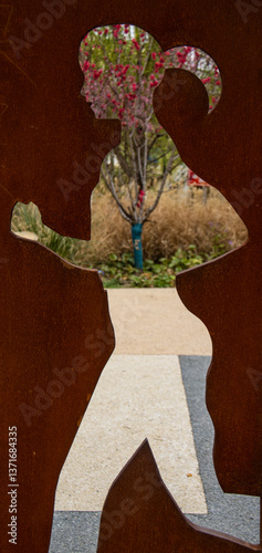 Running little girl, girl, steel plate, illustration, frame composition, park, peach blossom, road, art, pattern, creativity