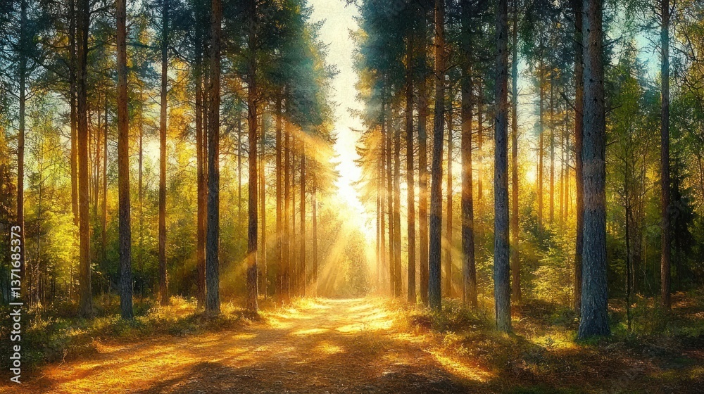 Golden Hour in a Serene Pine Forest with Sunlight Through the Canopy Golden Hour in a Serene Pine Forest with Sunlight Through the Canopy