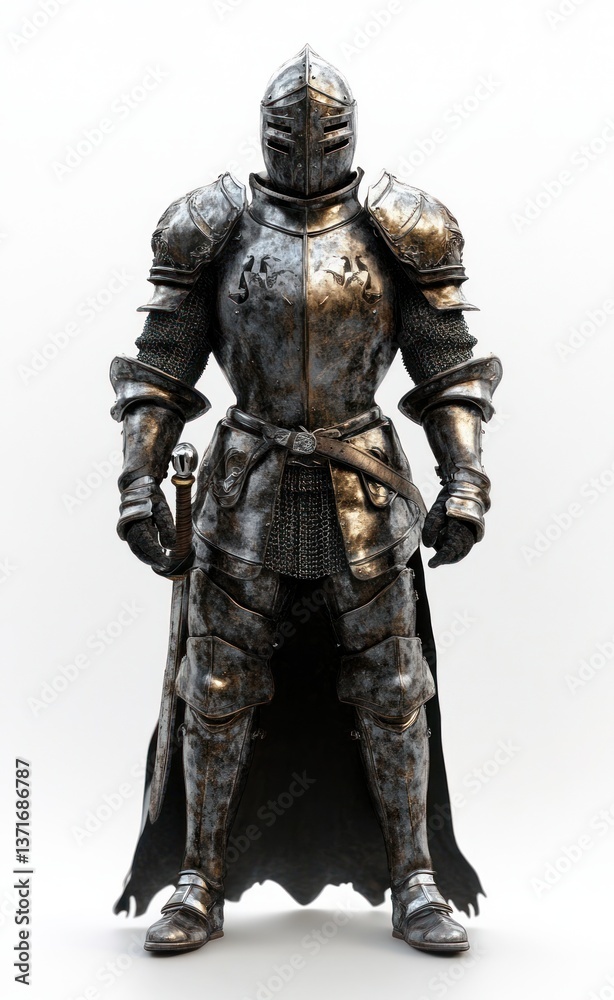 Medieval Knight in Polished Armor with Sword Heroic Full-Body Portrait on White Background Medieval Knight in Polished Armor with Sword Heroic Full-Body Portrait on White Background