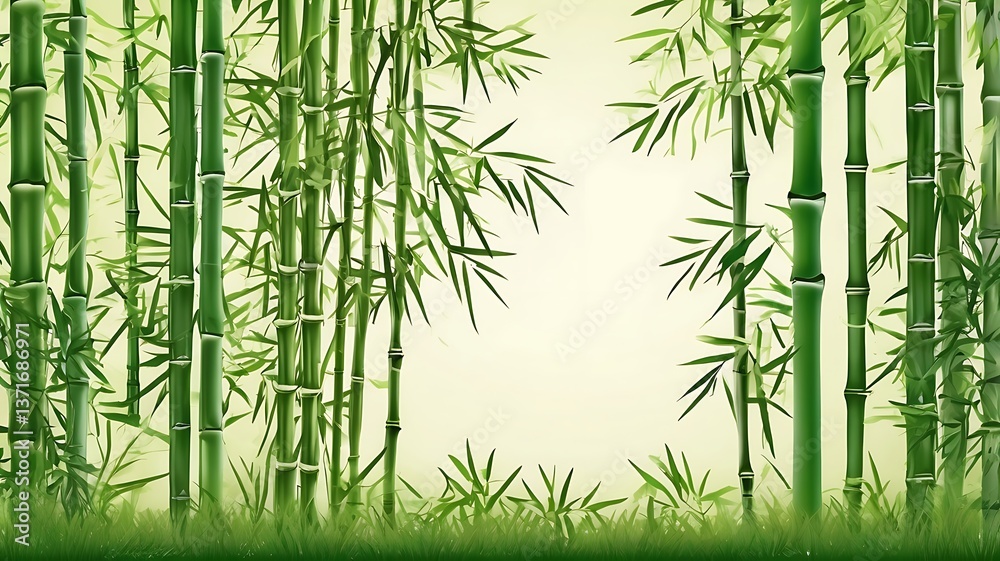 Naklejka premium Bamboo spa background. Watercolor hand drawn green botanical illustration with space for text.