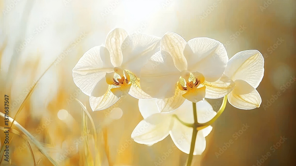 Obraz premium Artistic Bloom of Orchid with Butterflies in Soft Focus and Golden Light