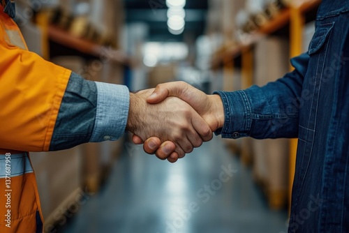 Closeup of Two Male Workers Signing a Deal with a Handshake in a Warehouse Environment
