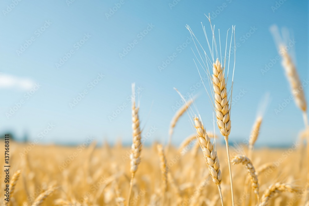 Fototapeta premium Golden wheat close-up in a sunny field, natural photo style, with blue sky background, concept of agriculture and harvest season. Ai generative