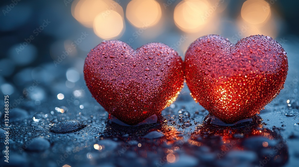 Obraz premium Two shiny red glitter hearts sit on a sparkling silver background, creating romance for Valentine's, anniversaries, or love declarations.