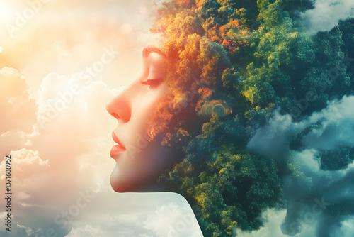 Tranquil female profile merges with lush green foliage and soft clouds, celebrating nature, mindfulness, and eco wellness.