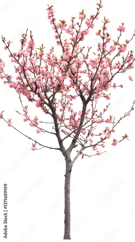 Fototapeta premium 32. A single peach tree with pink blossoms and budding fruit on a white background