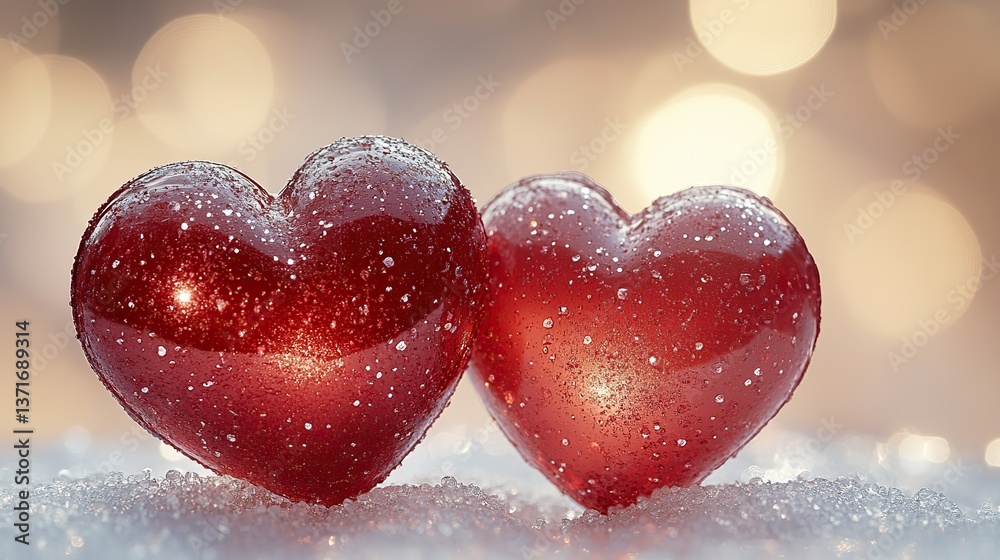 Obraz premium Two shiny red hearts stand on a white surface against a cream background, symbolizing love for Valentine's, Woman's Day, or any romantic occasion.