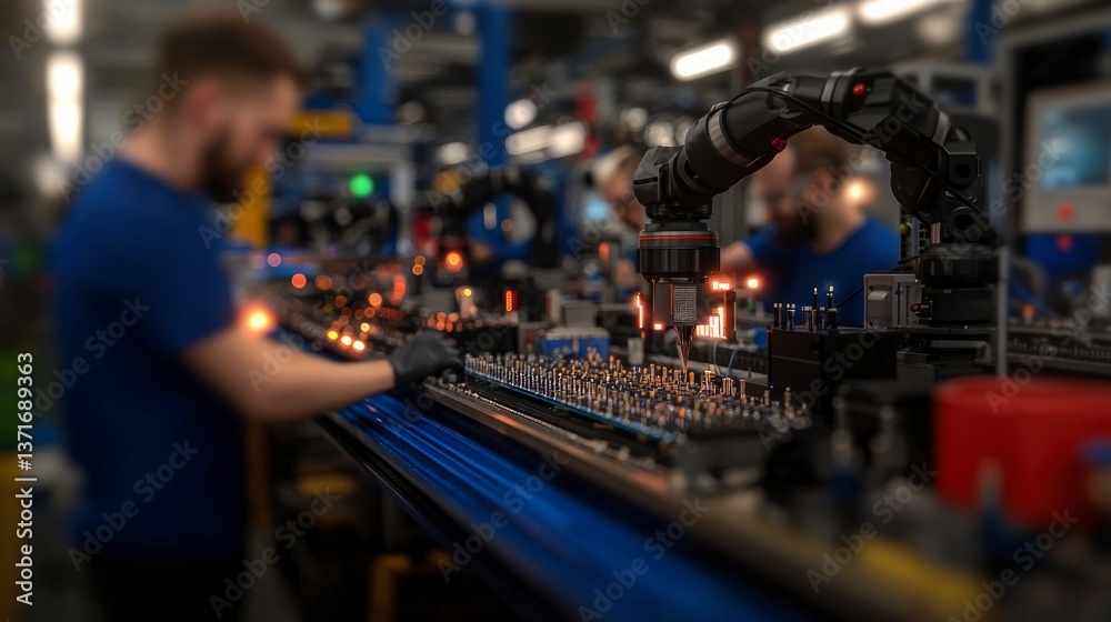 Obraz premium Smart Factory Robotic Arm Assembling Microchips on Production Line
