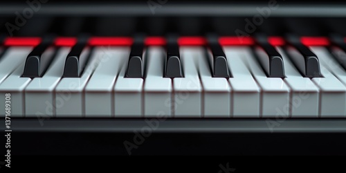 Close-up of piano keys with red felt accent, highlighting the black and white pattern.