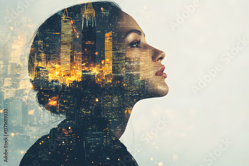 Double exposure portrait of a woman and city skyline, symbolizing ambition, modern life, identity, dreams, urban creativity, and inner strength.