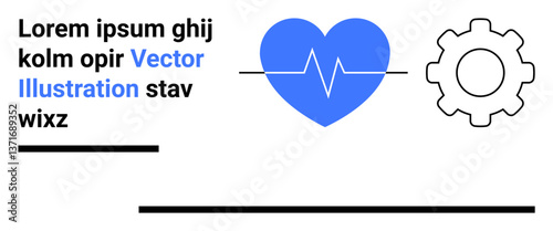 Blue heart with pulse line alongside a gear symbolizing healthcare, innovation, and systems. Ideal for medical services, wellness platforms, technology, diagnostics, teamwork, automation simple