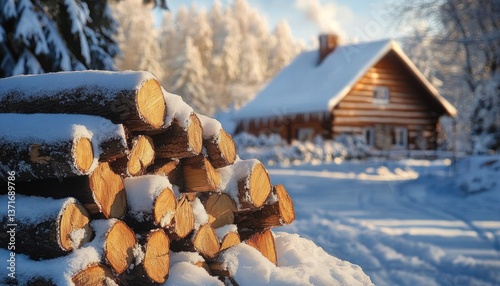 Wood Heating Solution for Winter Cabin with Firewood and Cozy Chimney