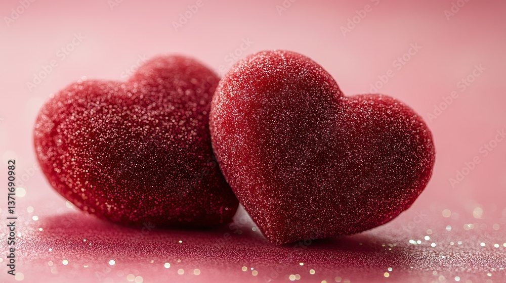 Fototapeta premium Two velvety red hearts rest on a sparkling pink background, creating a romantic scene for Valentine's, anniversaries, or expressions of love.
