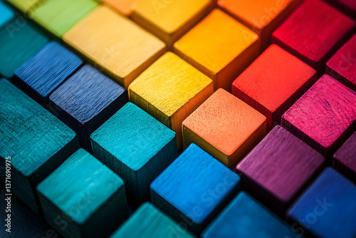 A close-up of colorful wooden blocks arranged in a gradient pattern, symbolizing creativity, design, and balance.