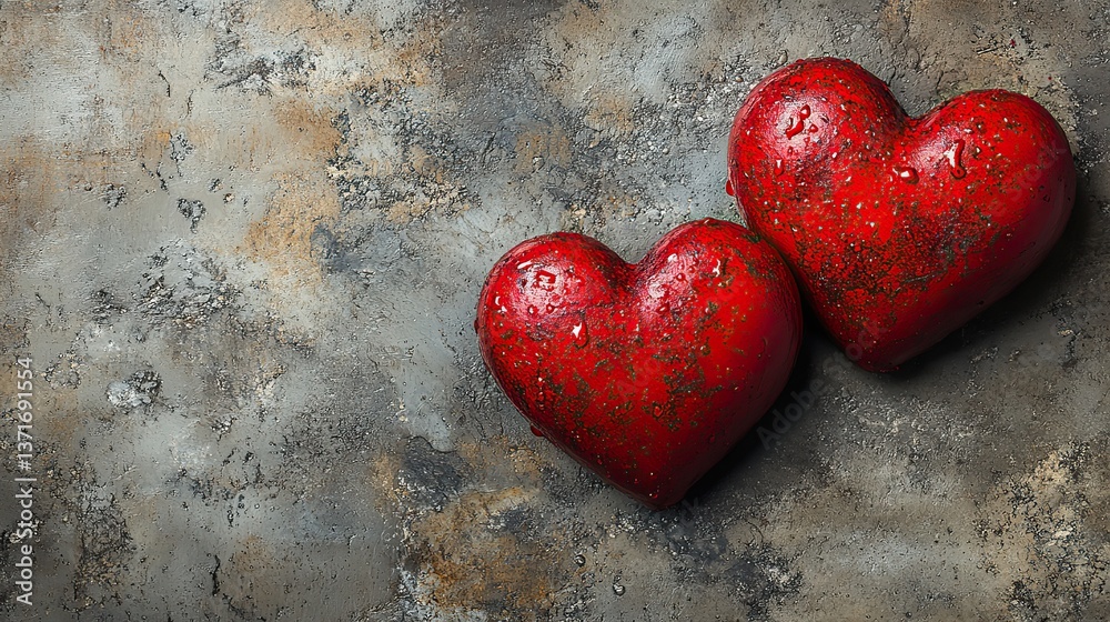 Obraz premium Two vibrant red hearts lie on a textured gray background, symbolizing love and Valentine's Day, with space for text.