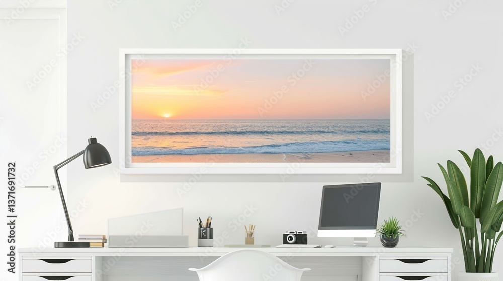 A white rectangular frame in a modern home office, displayed above a simple desk with a computer, lamp, and a small plant. HD 8K mockup wallpaper Photographic Image
