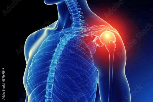 A 3D visual representation of a person with a glowing blue shoulder indicating discomfort.