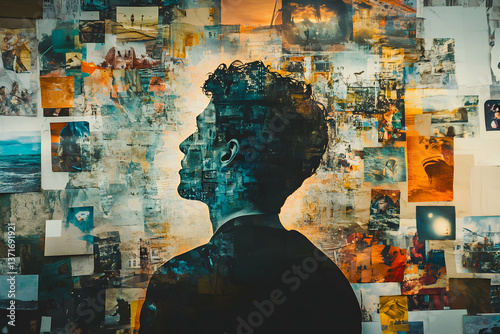 Man looks up at a wall of memories, collage of photos surrounding him in warm nostalgic tones.