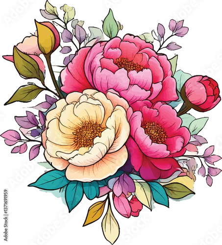 Colorful peony bouquet with pink and cream flowers, perfect for spring decor. Beautiful floral arrangement featuring vibrant peonies and delicate leaves. Vibrant, hand-drawn flower bouquet 
