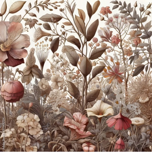 A dense collection of plant life rendered with painstaking detai