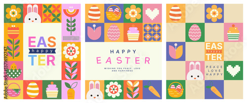 geometric illustration easter day concept, background abstract design, seamless pattern design, rabbit character, flower and natural, greeting card and template