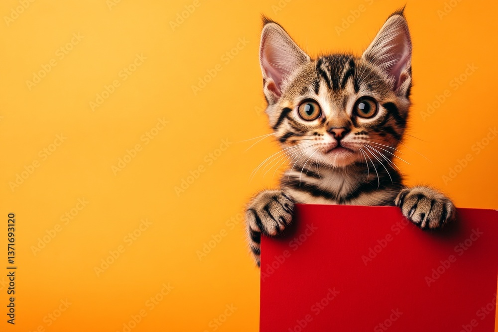 Cat face on ad. Pet ad white background. Pet ad layout. Сute cat bengal hold in front paws a wireframe - large red avenue sign. Isolated baby feline on a solid apparel bright orange backgroun. Cat face on ad. Pet ad white background. Pet ad layout. Сute cat bengal hold in front paws a wireframe - large red avenue sign. Isolated baby feline on a solid apparel bright orange backgroun.