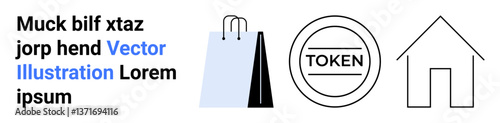 Shopping bag, token coin, and minimalist house. Ideal for retail, crypto, real estate, online shopping blockchain investments simple landing page. Line metaphor. Simple line icons