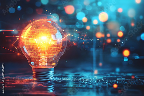A glowing futuristic light bulb with digital connections represents technology, innovation, and the power of ideas in a tech-driven world.
