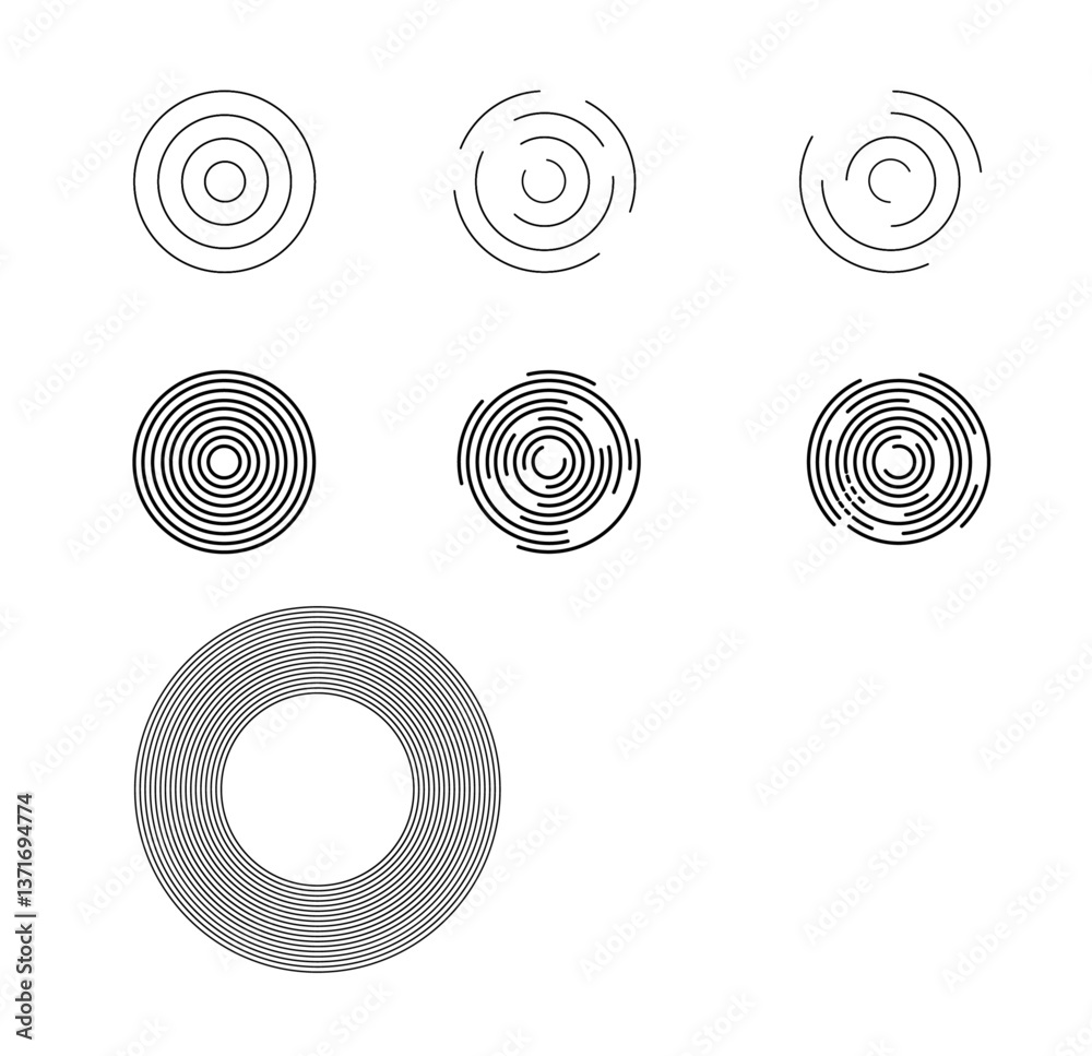 Set of circular ripple icons. Concentric circles with broken lines isolated on white background. Vortex, sonar wave, soundwave, sunburst, signal signs. Vector graphic illustration