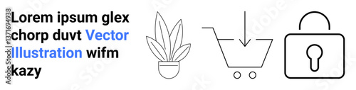 Potted plant, shopping cart with arrow, and padlock represent sustainability, online shopping, and cybersecurity. Ideal for retail, technology, security, eco-friendly content fintech education