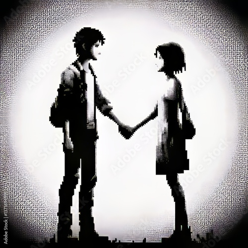 A pixel art image of a couple holding hands with a photogram eff