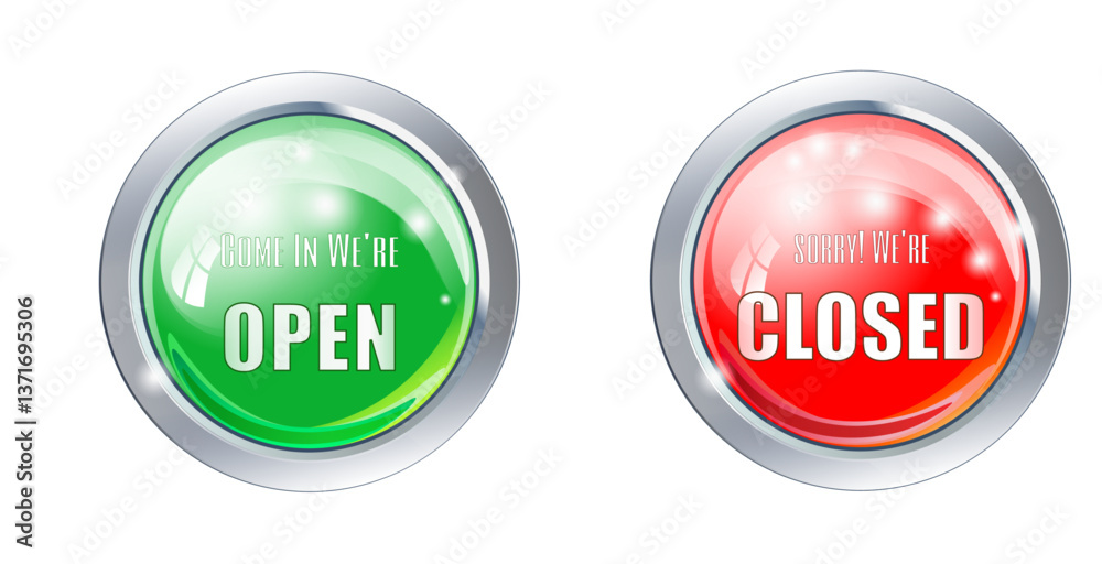 Opened and closed. Creative spherical icons for open and closed shop. Realistic Red sign Sorry we are closed and Welcome we are open with shadow. Opened and closed. Creative spherical icons for open and closed shop. Realistic Red sign Sorry we are closed and Welcome we are open with shadow.