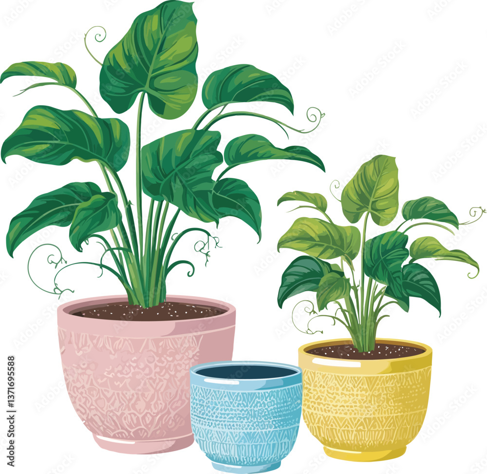 Fototapeta premium vector illustration of three vibrant potted plants .Colorful Potted Plants Vector: Artistic Design with Decorative Patterns and Lush Green Leaves