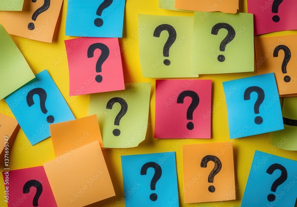 Colorful sticky notes with question marks on a bright yellow background. Colorful sticky notes with question marks on a bright yellow background.