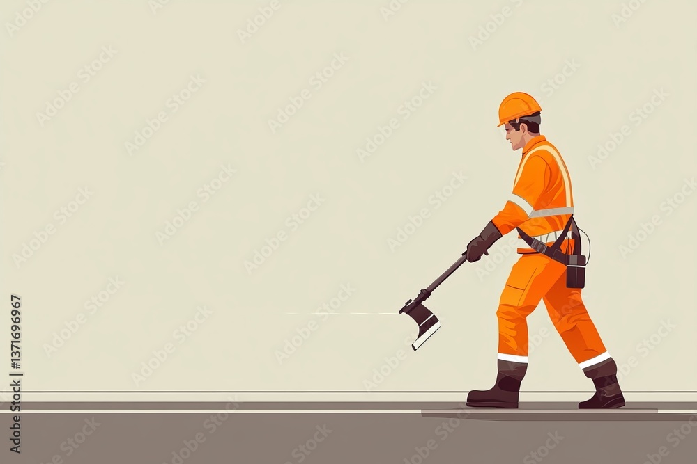 Obraz premium Road Construction Worker Operating a Jackhammer - Flat Illustration with Dynamic Motion and Clean Composition