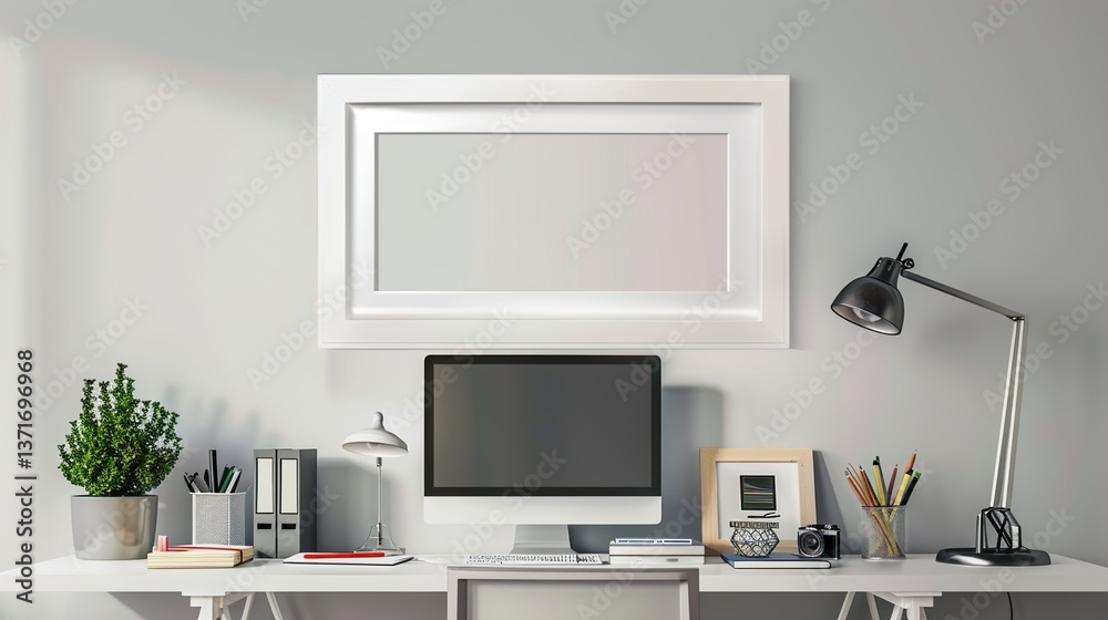 A white rectangular frame in a modern office, displayed above a desk with a computer, lamp, and stationery. HD 8K mockup wallpaper Photographic Image
A white rectangular frame in a modern office, displayed above a desk with a computer, lamp, and stationery. HD 8K mockup wallpaper Photographic Image