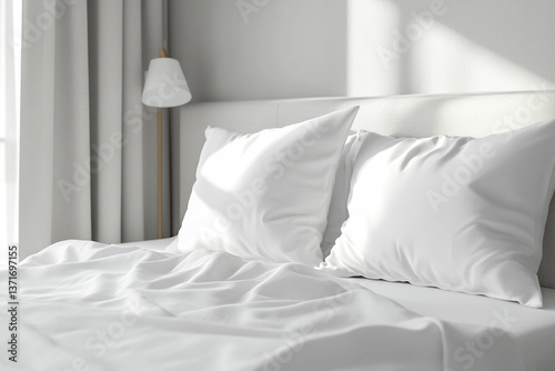 A close-up shot of a plush pillow resting on a made bed