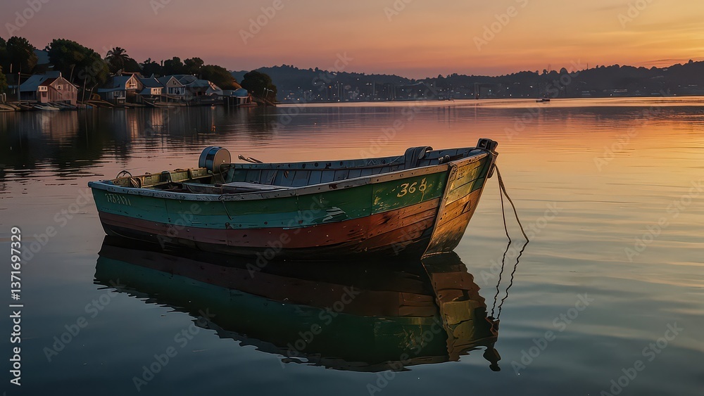 Fototapeta premium Closeup of a weathered wooden fishing boat with rustic texture and peeling paint