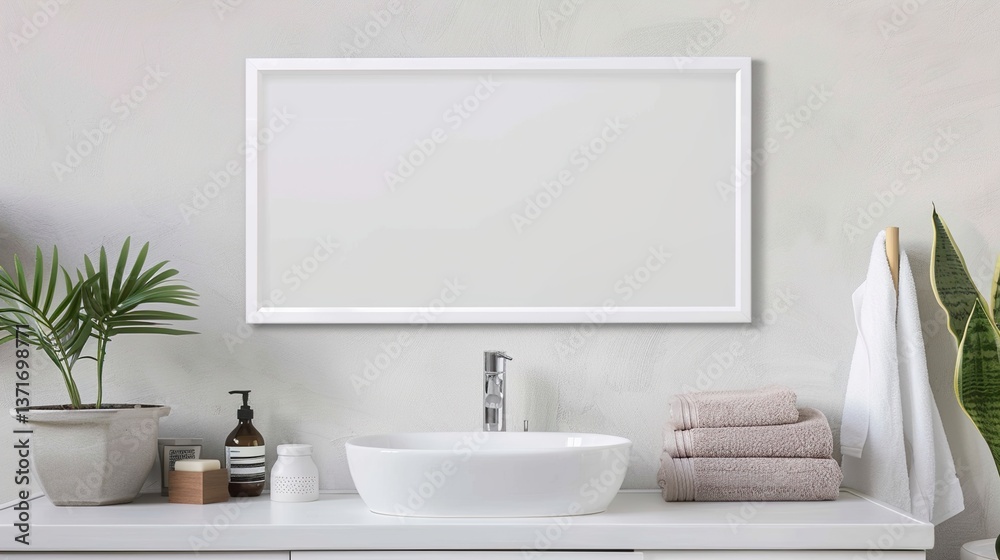 A white rectangular frame in a peaceful bathroom, mounted above a white sink, with a clean mirror, towels, and a potted plant HD 8K mockup wallpaper Photographic Image
A white rectangular frame in a peaceful bathroom, mounted above a white sink, with a clean mirror, towels, and a potted plant HD 8K mockup wallpaper Photographic Image