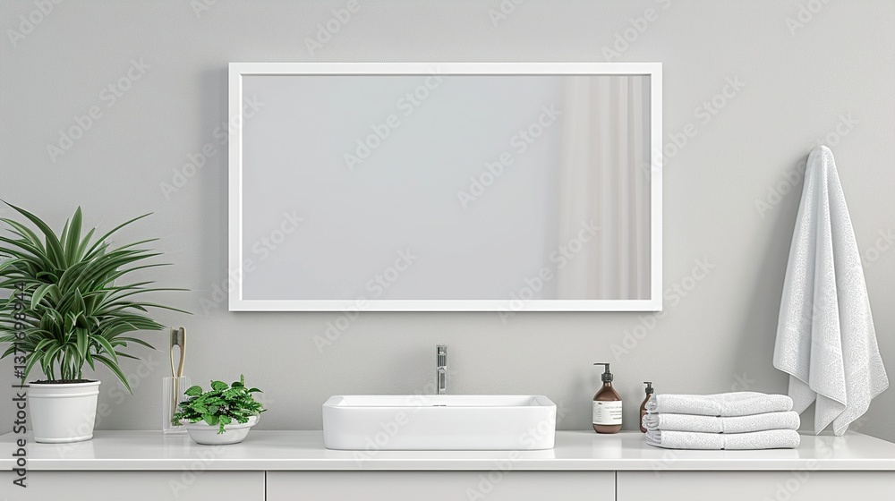A white rectangular frame in a peaceful bathroom, mounted above a white sink, with a clean mirror, towels, and a potted plant HD 8K mockup wallpaper Photographic Image
A white rectangular frame in a peaceful bathroom, mounted above a white sink, with a clean mirror, towels, and a potted plant HD 8K mockup wallpaper Photographic Image