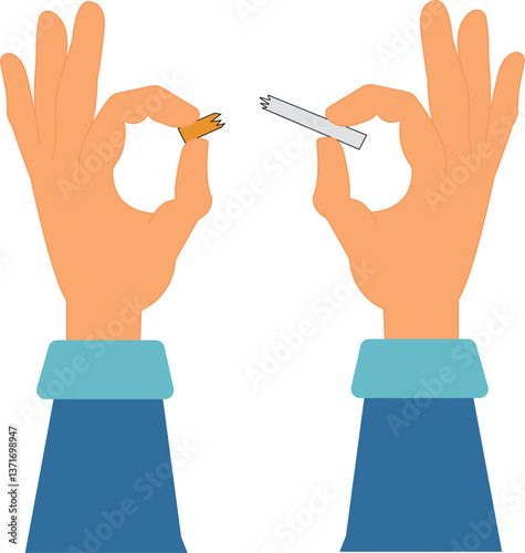 Man brakes cigarette in hands. Man refusing tobacco. Stop smoking, quit smoking or no smoking cigarettes. Illustration, vector, cartoon