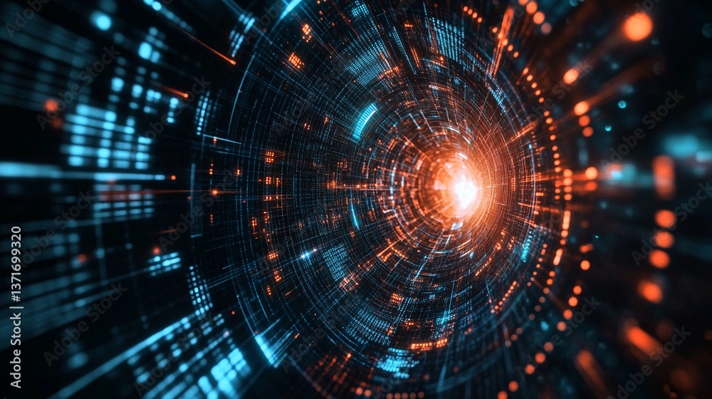Abstract tunnel with glowing light at the end and blue and orange geometric patterns around it Abstract tunnel with glowing light at the end and blue and orange geometric patterns around it