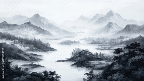 A Serene Landscape: An evocative landscape painted in shades of gray. This image invites you to reflect on the interplay of land and water, mountains and valleys, under the delicate touch of mist. 