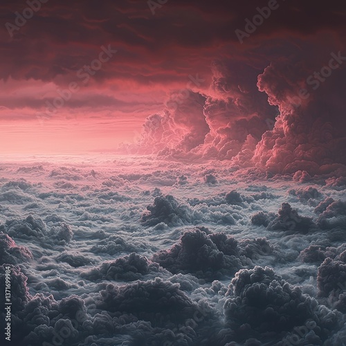 Dramatic Stratus Clouds in a Moody Sky Over a Dreamlike Landscape Featuring a Sunset Hue
