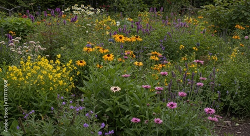 Vibrant flower garden bursting with color in a sunny, natural setting