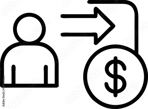simple black and white icon depicts person with arrow pointing towards dollar sign, symbolizing financial transactions or money transfer