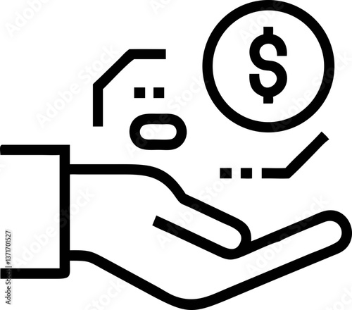 simple black and white line illustration depicts hand holding coin with dollar sign, symbolizing financial transactions or savings. minimalist design conveys sense of economy and finance