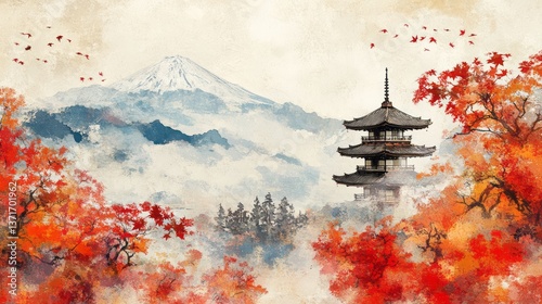 Japanese pagoda stands among autumn trees with snowy mountain background