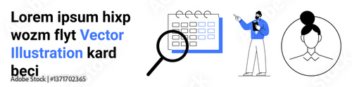 Magnifying glass focuses on calendar, presenter gestures at board, profile portrait silhouette. Ideal for scheduling, organization, education, teamwork, human resources, planning simple landing page