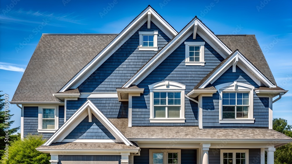 Charming Blue House Front View - Architectural Elegance in Every Detail Charming Blue House Front View - Architectural Elegance in Every Detail